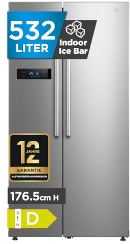 Midea Side-by-Side Kühl-Gefrierkombination 532 L mit Indoor Ice Bar | No Frost, Inverter Kompressor, 256 kWh/Jahr | Twin Control & SuperCool | 176,5 cm hoch | MERS530FGD02