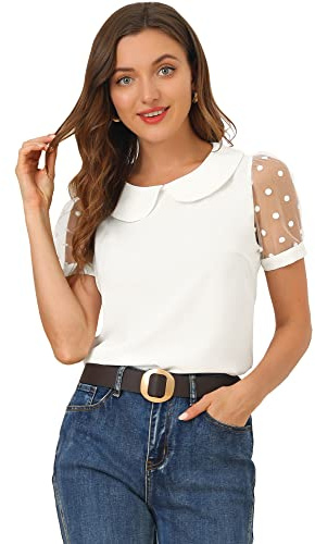 Allegra K Damen Puffärmel Vintage Bubikragen Oberteil Mesh Polka Punkte Top Bluse
