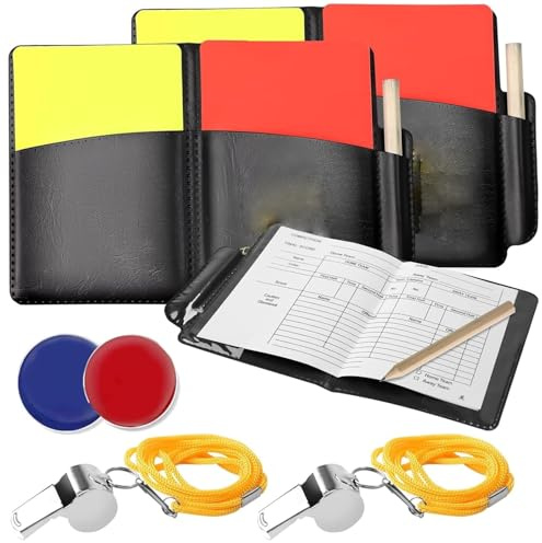 UNINGYI Schiedsrichter Set, FußBall Schiedsrichter Karten Rote Karte Gelbe Karte, Schiri Set mit 2 Metall Trainer Pfeife, 2 Tasche Punktebuch, 2 Bleistift, 2 Toss Coins für FußBallspiel Schulsport