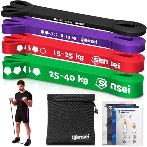 SENSEI Gym Bänder Set (1-40 kg) – Widerstandsband für Krafttraining & Gymnastik – Inkl. E-Book & Tasche – 4er Set