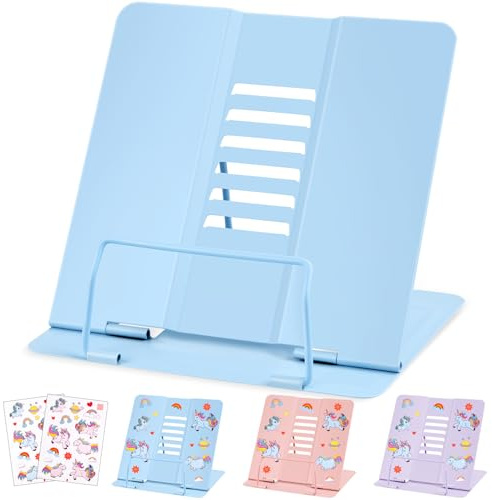 WUGU Buchständer, verstellbarer Faltbarer Metall Buchhalter für Rezept, Lehrbuch, Dokument, Musikbuch, Kochbuchhalter mit 6 Verstellbaren Positionen, Leseständer für Schule, Küche und Büro (Blau)