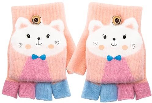 Kinder Fingerlose Handschuhe Winter Warm Convertible Flip Top Handschuhe Weiches Strickfutter und elastische Niedlich Cartoon für Kinder Junge Mädchen 7-10 Jahre (Rosa, Katze)