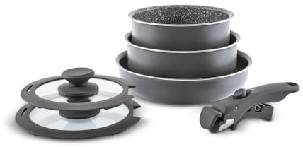 Karaca Comfort Granit-Pfannen Set, Antihaft-Kochgeschirr Set mit Glas Deckel 6-tlg, Kratzfeste Kochutensilien, 1 abnehmbarer Griff, Kochtopf Induktion und Bratpfanne, 6-teiliges Pfannenset, Schwarz