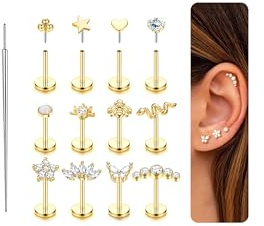 MILACOLATO Piercing Ohr Tragus Helix Piercings 14K Vergoldet | Nasenpiercing Stecker Gewindelose Einschieben Flat Tragus Piercing Ohr Ohrringe Labret Rook Conch Lippenpiercing