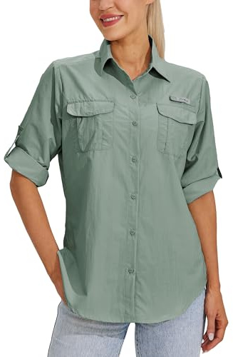 WILLIT Hemd Damen Wanderbluse UPF 50+ UV Shirt Langarm Funktionshemd Safari Angel SPF Schnelltrocknend Hemden Wandern Outdoor Salbei Grün S