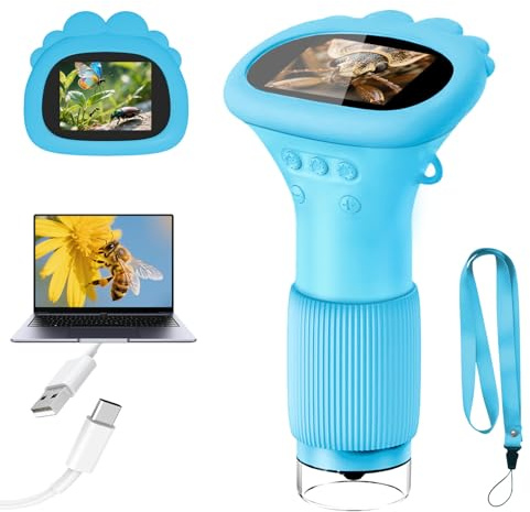 Acoath Mikroskop für Kinder, Digitales Taschenmikroskop mit 2,0" IPS-Bildschirm Lupe 200x Vergrößerung, 8 LED Lights Handy Kindermikroskop für Garten Spielzeug - Blau