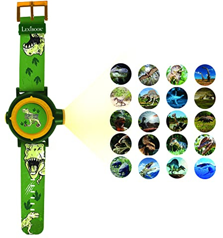 Lexibook, Dinosaurier, Projektionsuhr, grün/gelb, DMW050DINO | Digital, 20 Projektionen, verstellbares Armband, drehbarer Objektivring, Batterie, grün/gelb