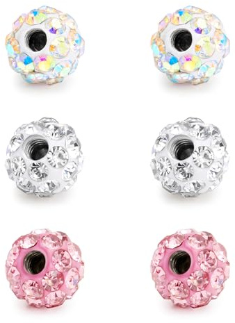 Rajnard Piercing Kugel 1,6/1,2/1,0/0,8mm Gewinde Chirurgenstahl 2,5/3/3,5/4/5/6/8mm Ersatzkugel Glitzer Piercing Ohr Septum Zange Nasenring Bauchnabelpiercing Kugel Silber Weiß Rosa Lila Blau