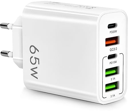 AXFEE 65W Multi AXFEE USB C Ladegerät, 5 Ports Mehrfach Ladegerät mit USB-C und USB-A, 65W Schnellladegerät PD 3.0 Power Adapter USB Netzteil für iPhone 17/16/15/14/13/Pro/Pro Max, Samsung Galaxy