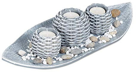 Relaxdays Kerzen Deko, Kerzenschale, Dekokies, grau | Flechtoptik Kerzenhalter, stimmungsvolle Tischdeko, 38,5 cm lang