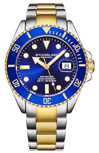 Stuhrling Original Depthmaster Herrenuhr 40 mm, Edelstahl Armbanduhr Herren mit blauem Zifferblatt, Quarzuhr mit drehbarer Lünette, Edelstahlarmband, 10 ATM / 100 m wasserdicht