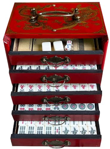 Blissbuilt Antikes Mahjong, Vintage-Mahjong, luxuriöses Mahjong-Set, komplettes Majong-Spielset, traditionelles chinesisches Mahjong, tragbar, 144 Fliesen, für Party-Familienspiel