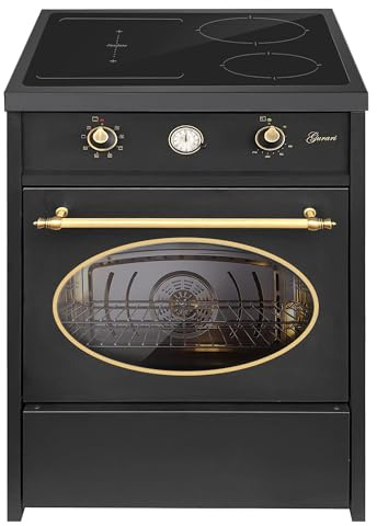 GURARI Induktionsherd mit Backofen 60 cm GCH E 612 BL r + Grillplatte aus Gusseisen | Retro Range Coocker |4 Kochzonen mit Booster (2 Kreise Kochzonen + 1 Flex Zone)| Herd Induktion in Schwarz
