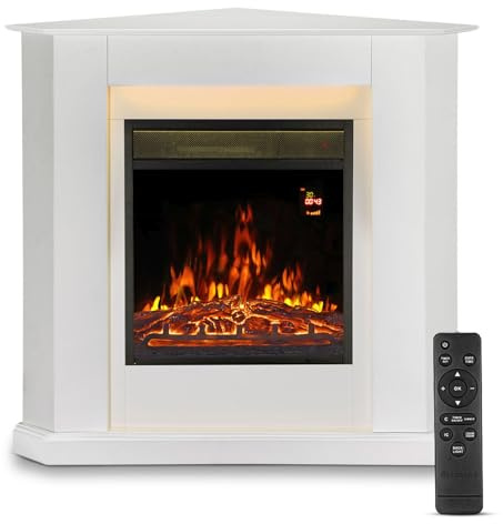 Juskys Elektrokamin 1000/2000 W mit Heizung, Kaminfeuer, Flammeneffekt, Fernbedienung, LED Beleuchtung & Timer - Elektrischer Kamin Eckkamin weiß