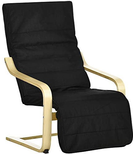 HOMCOM Sessel Wohnzimmer Relaxsessel Loungesessel Ruhesessel mit Armlehnen aus Birkenholz, 5-Fach verstellbare Fußteil, Lesesessel mit Leinenoptik, Polstersessel für Schlafzimmer, Schwarz