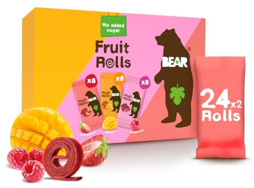 BEAR Fruchtrollen Mixbox I 100% Natürliche Inhaltsstoffe I Ohne Zusatz von Zucker I Gesunder Snack für Kinder & Erwachsene I 24 Beutel x 20g I 480g