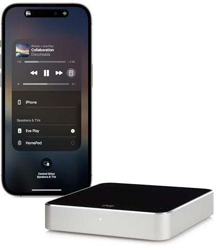 Eve Play (Apple Home) – Audiostreaming Adapter für AirPlay, Automatischer Latenzausgleich, Leistungsstarker Digital-Analog-Wandler, DREI Audioausgänge, Ethernet und WiFi