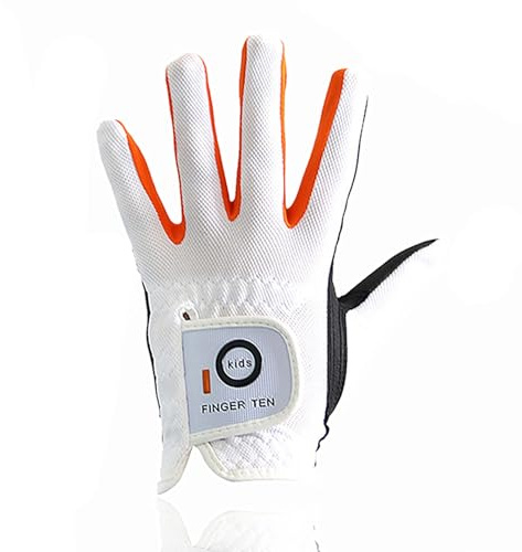 FINGER TEN Golfhandschuhe Kinder Jugend Junior Mädchen für Linke Hand, Junge Golf Handschuhe Atmungsaktive Mikrofaser Synthetische Rechtshänder für Alter 4-13 Jahre (weiß, S)