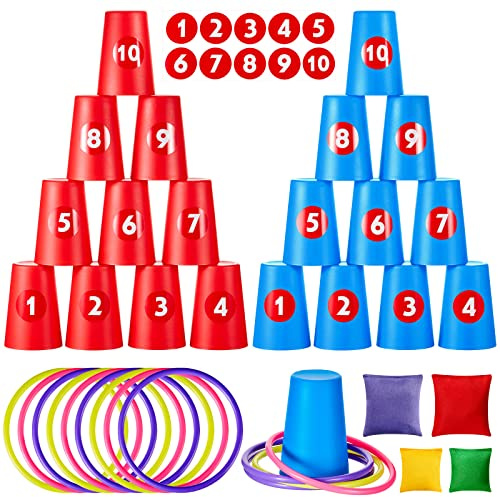 Harrycle 54-teiliges Dosenwerfen Kinder, 3-in-1 Wurfspiel mit Bechern | Ringwurfspiel Kinder Outdoor für Kindergeburtstag und Garten, mit 20 Stapelbechern, 10 Wurfringen und 4 Bohnensäckchen