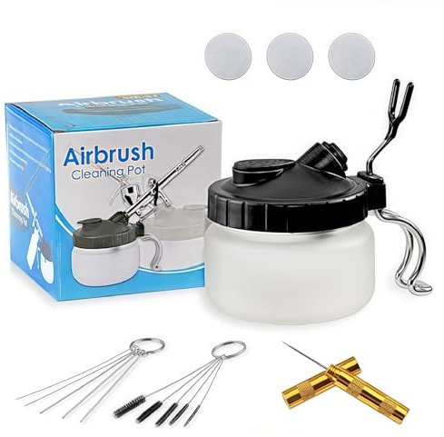 Airbrush Reinigungstopf mit Halter,Professionell Luftbürste Spritzpistole Reinigungsbehälter,Airbrush Komplett Reinigungsset,5 Reinigungsbürsten,5 Reinigungsnadeln,1 Reinigungsschaber (Schwarz)