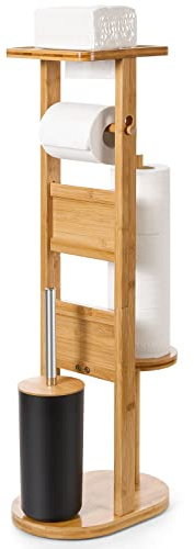 Yorbay Toilettenpapierhalter Stehend mit Klobürste aus Bambus: für 4 Rollen | Stand WC Garnitur mit Tablett für Taschentücher oder Handy - Platzsparender Klopapierhalter für Badezimmer Toilette (Natur)