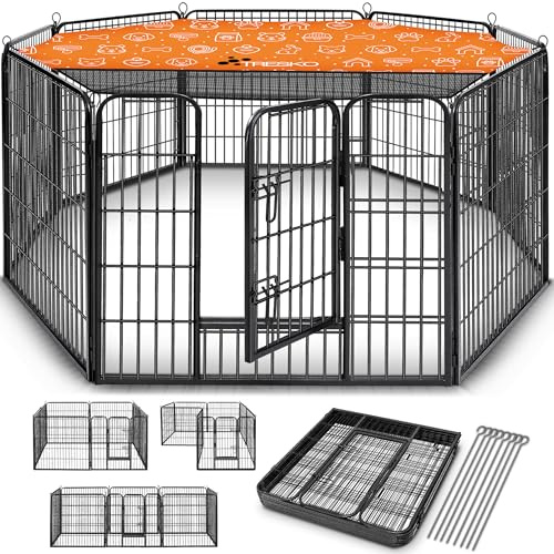 TRESKO® Welpenlaufstall 80 cm hoch inkl. 8X Erdanker | Welpenauslauf 8-teilig | Hundelaufstall faltbar mit Tür | Aufbau werkzeugfrei | Tierlaufstall Hunde wetterfest