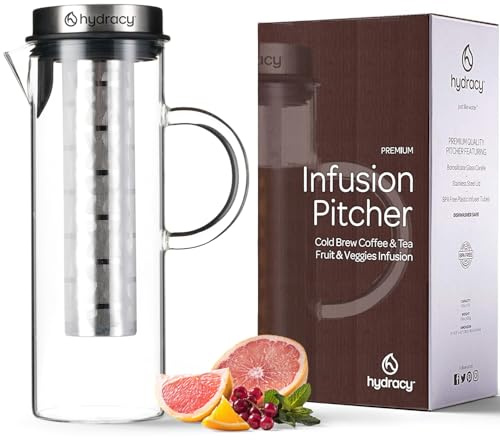 Cold Brew Kaffee Kalt Zubereiter - Große Glas Karaffe 1,5L für Eiskaffee und Eistee mit Deckel aus Edelstahl und engmaschigem Filter - BONUS Obstaufguss-Schlauch für Aroma Wasser mit Früchten