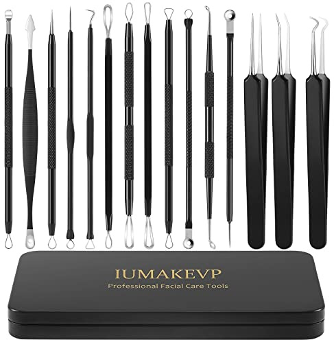 Mitesserentferner Komedonenquetscher Set, IUMAKEVP 15 Stücke Hochwertiger Blackhead Remover aus Edelstahl von Mitessern und Pickeln im Gesicht, Pickel Ausdrücken Werkzeug mit Metallgehäuse (Schwarz)