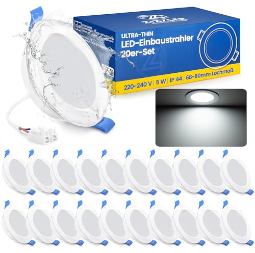 ZIZZLER 20er Set LED Einbaustrahler Spots 230V Flach 68-80mm Lochmaß, Kaltweiß Deckenspots, IP44 Einbauleuchten für Badezimmer Feuchtraum, 5W 6000K Einbauspots für Küche Schlafzimmer Wohnzimmer