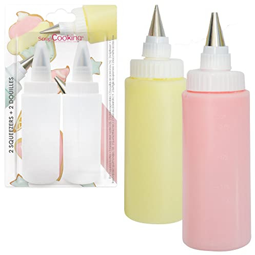 ScrapCooking - 2 Stück Squeeze Flasche mit Tüllen 185 ml - Quetschflasche für Glasuren, Dekoration - Kuchen, Kekse, Desserts - Schokoladensauce - Spritzflasche Lebensmittelechter Kunststoff - 5165