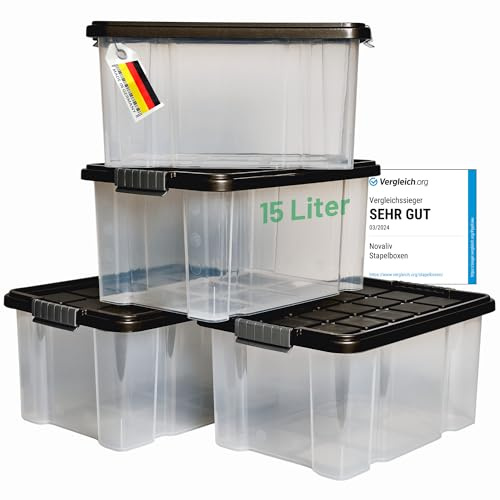 Novaliv 4x Aufbewahrungsboxen mit Deckel 15L Anthrazit Nestbar stapelbare Storage boxes mit Clipverschluss Kunststoffbox BPA-frei 41 x 29 x 20 cm