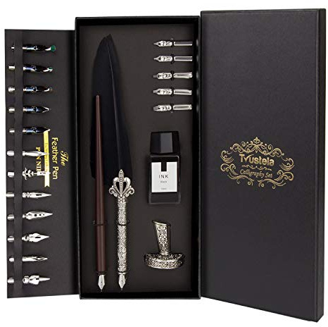 Trustela Kalligraphie Set für Anfänger Holz Dip Pen Federkiel 19 Federn Tinte Set Geschenkbox