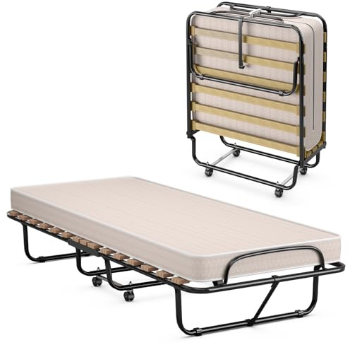 COSTWAY 80x190cm Gästebett mit Matratze aus Rückstellschaum, Klappbares Einzelbett, Stabiler Metallbett bis 130kg belastbar, Klappbett auf Rädern, Faltbett Gästezimmer, Tragbares Bett, Beige