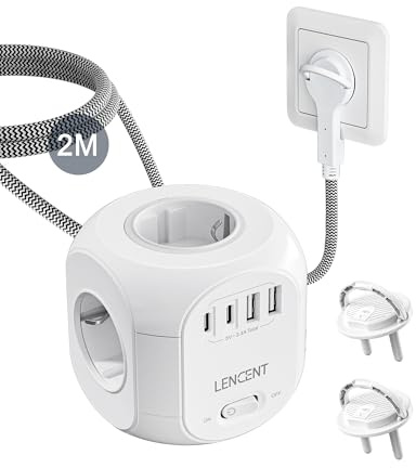 LENCENT 4 Fach Steckdosenleiste Flachstecker Steckdosenwürfel Mehrfachsteckdose 8 in 1 Cube Steckdose Steckerleiste mit 2 USB&2 Typ-C, Mehrfachstecker mit 2 Meter Geflochtenem Kabel für Wandsteckdose