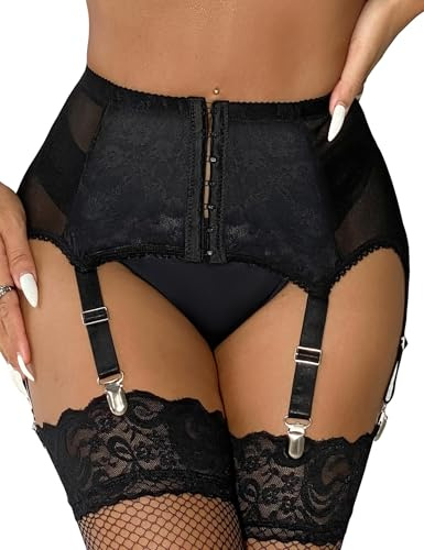 ohyeahlady Strumpfhalter Damen Sexy Spitzen Strapsgürtel Strapse Dessous | Mesh Unterwäsche,Strapshöschen,Ouvert Dessous Große Größen,Strumpfgürtel mit 6 Breit Halter Metallclips,Vintage,Übergröße