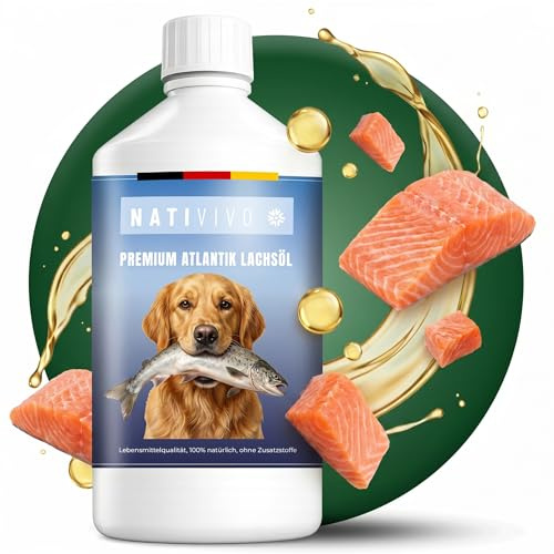 NatiVivo Premium Lachsöl 1000ml – hochwertiges Fischöl für Hunde, Katzen & Pferde – reich an Omega 3 & 6 Fettsäuren – naturbelassenes Barföl für Hunde