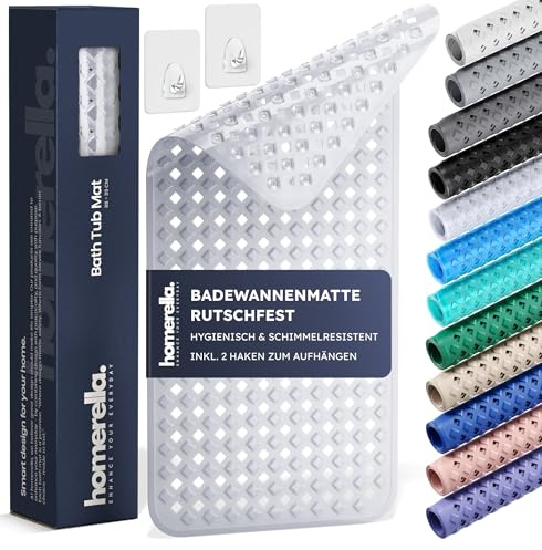 homerella® Badewannenmatte rutschfest 88x39cm, INKL. HAKEN, Rutschfeste Badematte BPA frei, Duschmatte rutschfest, Antirutschmatte Badewanne, Rutschmatte Badewanne, schimmelresistent&maschinenwaschbar