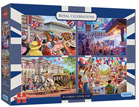 Royal Celebrations Platinum Jubilee 4 x 500 Teile Puzzle | Queen's Jubilee Puzzle | Nachhaltiges Puzzle für Erwachsene | Premium 100% recyceltes Brett | Gibsons Games