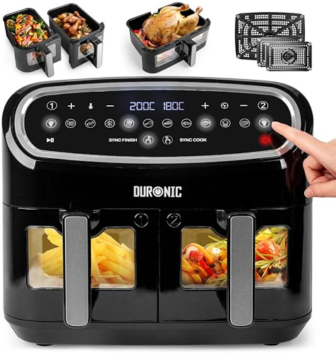 Duronic AF34 BK 3-in-1 Heißluftfritteuse 10L mit Sync-Cook & Sync-Finish | 3-in-1 System: 2x5L + 10L Schublade, 2400W, Für 6-8 Pers., 10 Programme, antihaft & spülmaschinenfest, inkl. Backen & Dörren