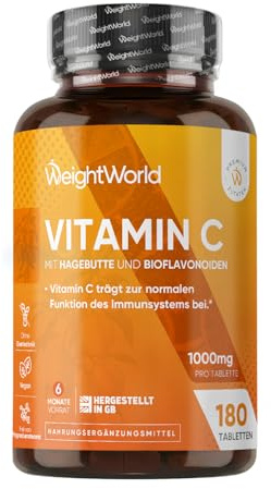 Vitamin C 1000mg pro Tablette - 180 vegane Tabletten für 6 Monate - Vitamin C trägt zu einer normalen Funktion des Immunsystems bei (EFSA) - Vit C mit Bioflavonoiden & Hagebutte - WeightWorld