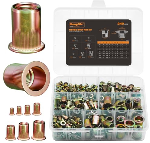 HANGLIFE Nietmutter Sortiment Set (240 Stück) - Gewindenieten M3, M4, M5, M6, M8, M10, M12- Blindnietmuttern aus verzinktem Kohlenstoffstahl mit geriffeltem Körper, Einziehmuttern