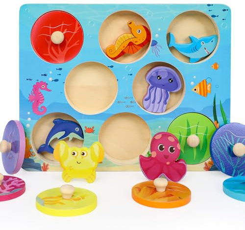 LZDMY Montessori Spielzeug ab 1 Jahr Baby Holzpuzzle, Meer Motorikspielzeug für 10-36 Monate Mädchen Junge Kinder Greifpuzzle Steckspielzeug Sortierspiel Geburtstag Ostern Weihnacht Geschenk
