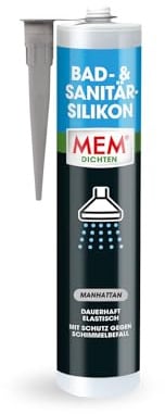 MEM Bad- & Sanitär-Silikon, Dauerhaft elastischer Silikon-Dichtstoff mit Schutz gegen Schimmelbefall, Im Innen- und Außenbereich, Gebrauchsfertig, Lösemittelfrei, 300 ml Kartusche, Manhattan