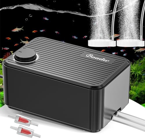 Boadw Leiseste Aquarium Luftpumpe, 8W Regelbare Sauerstoffpumpe Aquarium bis 600 Liter mit Allem Zubehör Luftstein<40db