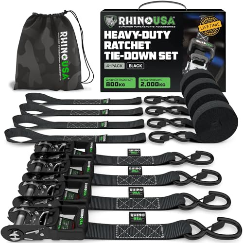 Rhino USA Spanngurte mit Ratsche (4er-Set) 4cm x 2,4m - 2.000kg Zurrgurte | 2.000kg Manueller Spanngurt mit S-Haken & Weichen Schlaufen. Für LKW, ATV, UTV, Motorrad & Fracht. Schwarz