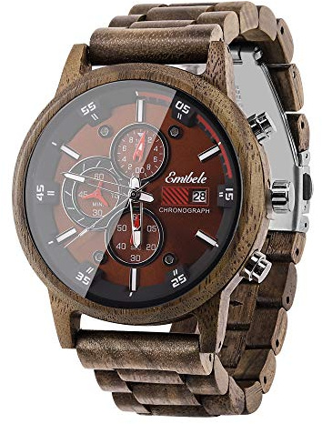Emibele Holzuhr für Herren, Chronograph Quarzuhr mit Datum, 3 Zifferblätter Handgefertigt Leicht Leuchtuhr, Walnuss