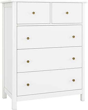 HOCSOK Kommode, Kommode Weiß, Sideboard mit 5 Schubladen, Beistellschrank viel Stauraum, Mehrzweckschrank für Wohnzimmer Schlafzimmer Flur, 74x40x94cm