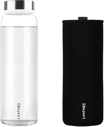 LOOFORE Glasflasche 1 liter / 1l, Wasserflasche Glas 1000ml inkl. Neoprenhülle, BPA freie, Trinkflasche Spülmaschinenfeste, Water Bottle für kohlensäurehaltige Getränke