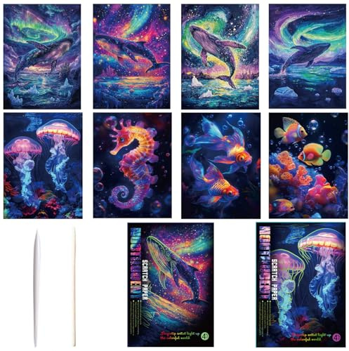 Georgie Porgy Kratzbilder Set DIY Bastelsets für Kinder Erwachsene Magic Rainbow A4 Kratzpapier für Weihnachten Geburtstagsgeschenk mit Kratzwerkzeuge Kit (Nachtleuchtend Meereswelt+Wal)