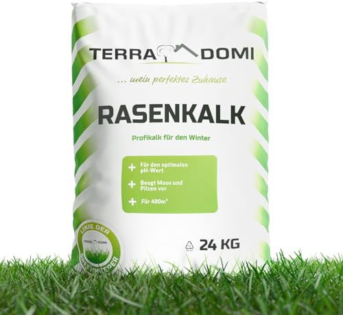TerraDomi Rasenkalk & Gartenkalk 24kg | Beugt Moos & Pilzen vor | Zur Erhöhung des pH-Wertes saurer Böden | Für einen gesunden Rasen I Intensiviert die Düngung | Für 480m²